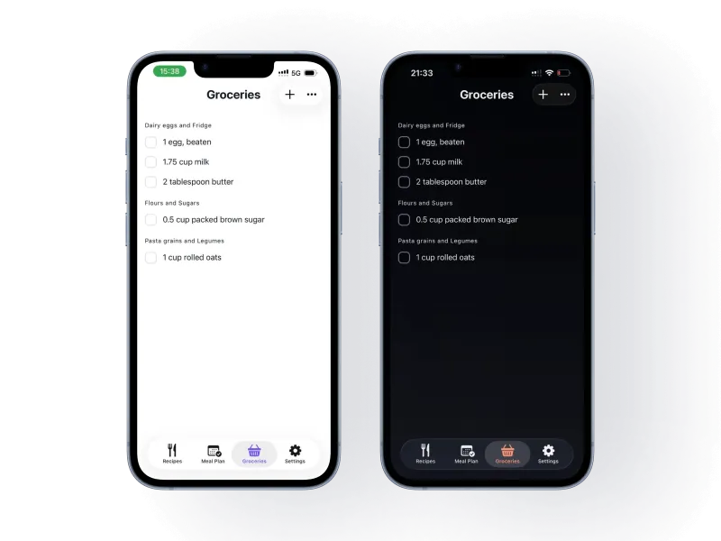 Sesami grocery list screen with grouped shopping items