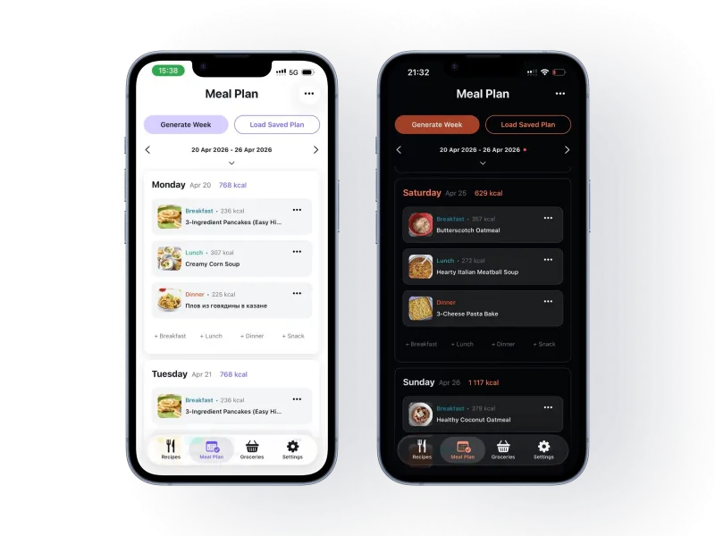 Sesami meal plan screen showing meals scheduled across the week