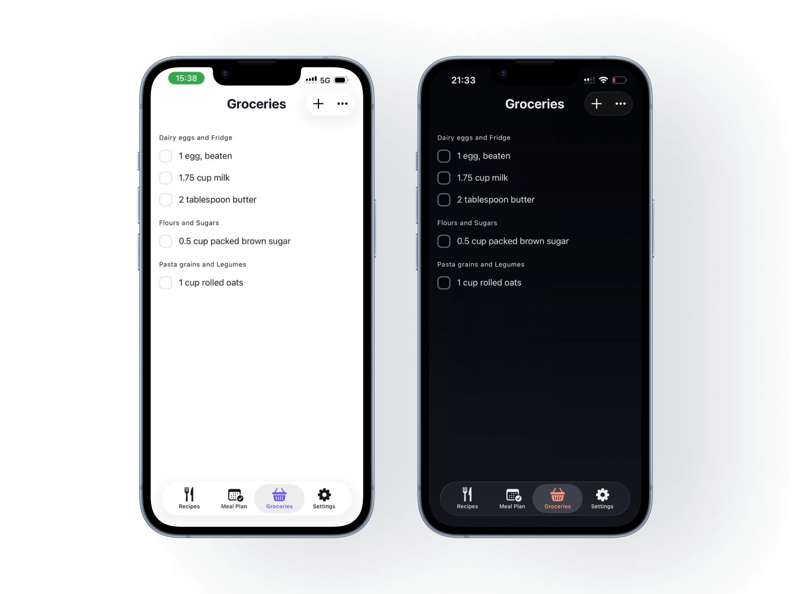 Sesami grocery list screen with grouped shopping items