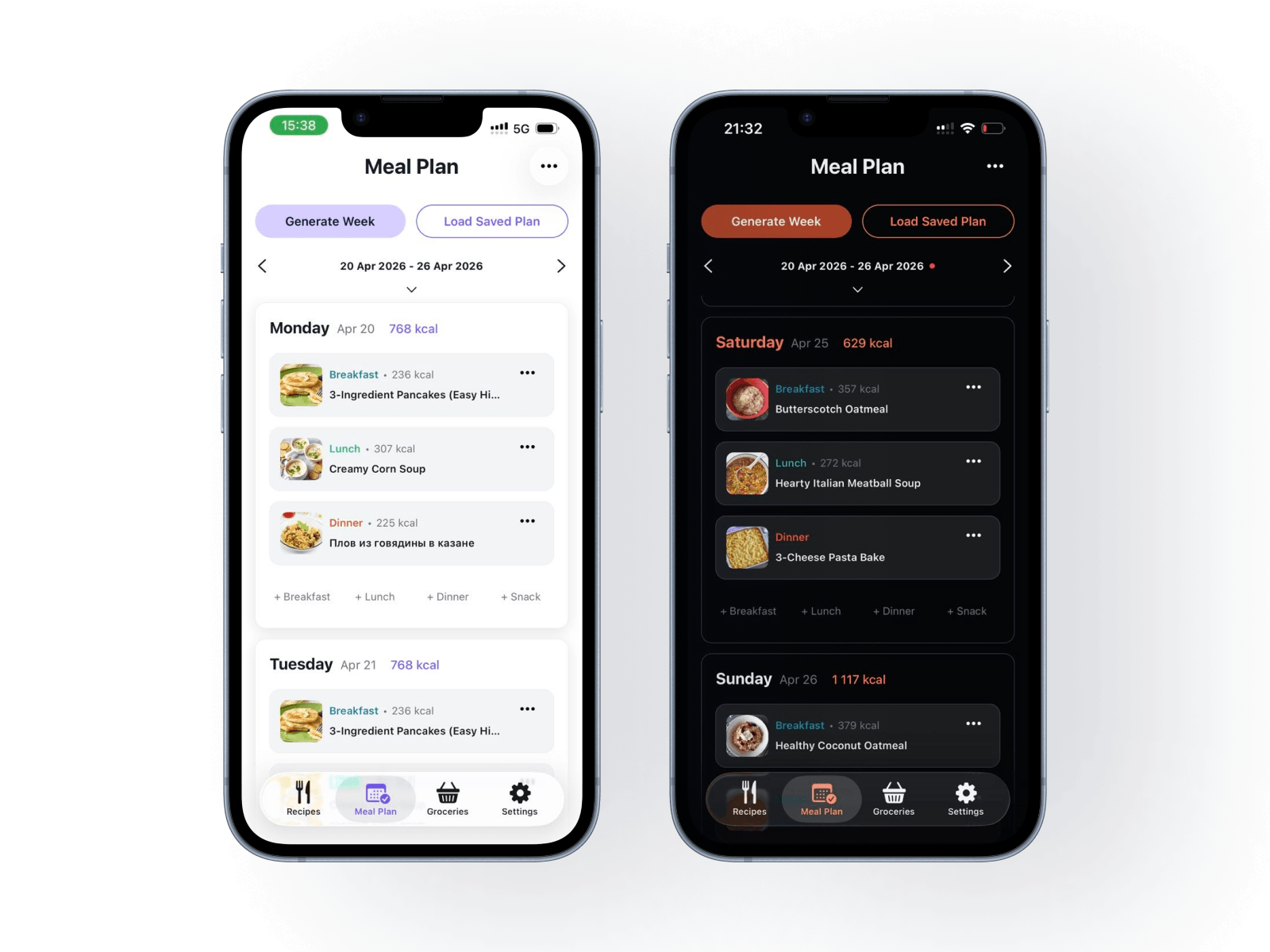 Sesami meal plan screen showing meals scheduled across the week